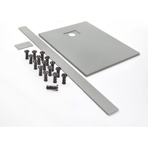 Rasa - 900mm x 800mm Light Grey Textured Slate Effect Rectangular Shower Tray and Fast Flow Waste - With Recessed Riser Kit - Milano