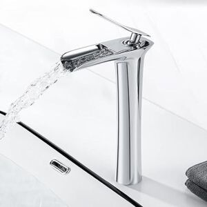 SHUNLI Modern High Waterfall Sink Faucet, Brass High Basin Mixer Tap, Hot and Cold Water Waterfall Faucet Available, Chrome