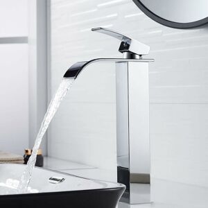 Tinor - Modern Tall Waterfall Basin Faucet, Elegant Design Bathroom Faucet, Tall Single Handle Brass Basin Mixer Tap, Hot and Cold Water Available