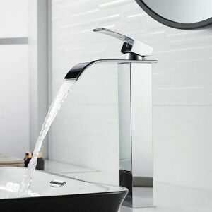 Dewdat - Modern Tall Waterfall Basin Faucet, Elegant Design Bathroom Faucet, Tall Single Handle Brass Basin Mixer Tap, Hot and Cold Water Available