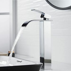 Dewdat - Modern Tall Waterfall Basin Faucet, Elegant Design Bathroom Faucet, Tall Single Handle Brass Basin Mixer Tap, Hot and Cold Water Available