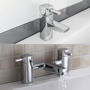 Nes Home - Boston Modern Chrome Square Basin Sink Mono Mixer Tap & Deck Mounted Bath Filler