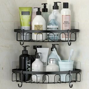 Dewdat - No Drilling Corner Shower SUS304 Stainless Steel Shower Shelf No Drilling Bathroom Shelves, Black, with 4 Hooks
