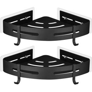 BEIJIYI No Drilling Metal Shower Corner Shelf with 2 Shower Hooks, Self-Adhesive Rustproof Bathroom Item Holder, 2 Pack (Black)