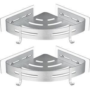 BEIJIYI No Drilling Metal Shower Corner Shelf with 2 Shower Hooks, Self-Adhesive Rustproof Bathroom Item Holder, 2 Pack (Silver)
