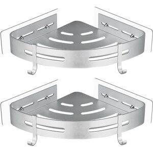 BEIJIYI No Drilling Metal Shower Corner Shelf with 2 Shower Hooks, Self-Adhesive Rustproof Bathroom Item Holder, 2 Pack (Silver)
