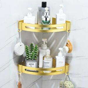 ZVD - No Drilling Shower Caddy - Bathroom Corner Shelf with 4 Hooks, Rustproof Metal Shower Storage Basket (Gold, 2 Tiers)
