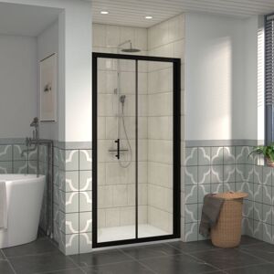1100mm Bathroom Bi- Fold Shower Door Black Framed with 1100x900mm smc Rectangle Shower Tray White - NRG
