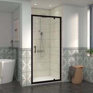 NRG - 900mm Black Framed Bathroom Shower Enclosures Pivot Door with 1100x900mm smc Rectangle Shower Tray White