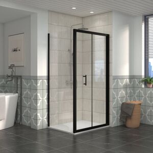 Bathroom Bi- Fold Shower Door Black Framed + Side Panel, 900 x 700mm Shower Enclosures with White smc Rectangle Shower Tray - NRG
