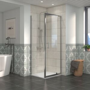 NRG Bathroom Pivot Shower Enclosure Chrome Framed + Side Panel, 700 x 700mm Reversible Screen with White SMC Square Shower Tray