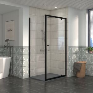 NRG Bathroom Pivot Shower Enclosure Black Framed + Side Panel, 1000 x 900mm Reversible Screen with Anthracite SMC Rectangle Shower Tray