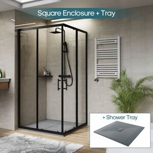NRG - Square Black Sliding Doors Corner Entry Shower Enclosure Bathroom Cubicle 1000 x 1000mm & Anthracite Shower Tray