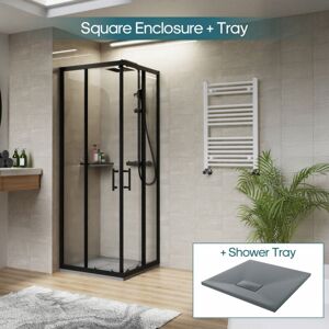 NRG Square Black Sliding Doors Corner Entry Shower Enclosure Bathroom Cubicle 700 x 700mm & Anthracite Shower Tray