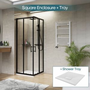 NRG - Square Black Sliding Doors Corner Entry Shower Enclosure Bathroom Cubicle 700 x 700mm & White Shower Tray