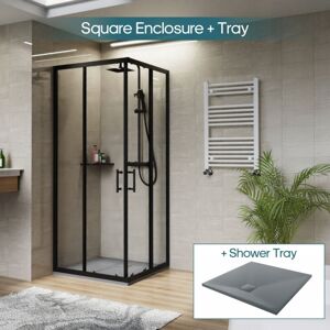 NRG Square Black Sliding Doors Corner Entry Shower Enclosure Bathroom Cubicle 900 x 900mm & Anthracite Shower Tray