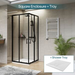 NRG - Square Black Sliding Doors Corner Entry Shower Enclosure Bathroom Cubicle 900 x 900mm & White Shower Tray
