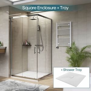 NRG - Square Corner Entry Shower Enclosure with Sliding Doors Bathroom Cubicle 1000 x 1000mm & White Shower Tray