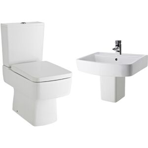 Optic Square Ceramic Bundle - Compact Semi Flush to Wall Toilet Pan & Cistern, Seat, 520mm Basin & Semi Pedestal Balterley