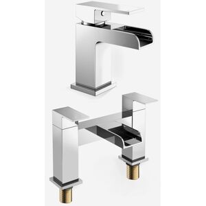 Nes Home - Ozone Modern Waterfall Basin Sink Mono Lever Tap and Bath Filler Tap + Free Waste