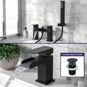 Nes Home - Ozone Matte Black Modern Set Of Waterfall Basin Sink Mono Tap & Bath Shower Mixer With Handset Kit + Free Waste
