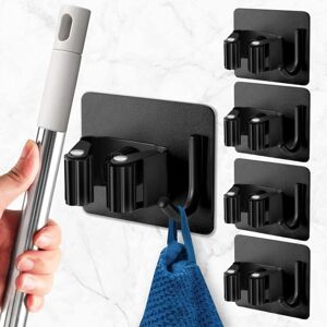 Linghhang - 4 Pieces Black Wall Mounted Broom Holder, No Drilling Required, Adhesive Wall Mounted Broom Holder with Hook, Stainless Steel Broom