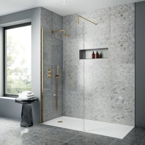 Nuie - Wet Room Screen 1850mm High x 700mm Wide with Support Bar 8mm Glass - Brushed Brass
