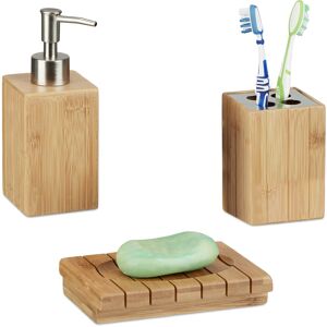 Relaxdays - Bamboo Bathroom Accessories Set of 3, Soap Dispenser, Soap Dish and Toothbrush Holder, Natural