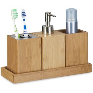 Relaxdays - Bath Accessory 4-Piece Set, Bamboo, Toothbrush Holder, Soap Dispenser, Soap Dish, Holder, Natural