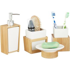 Relaxdays - Bath Kit, 4-Piece Bathroom Accessories Set, Bamboo and Ceramics, Soap Dispenser and Tumbler, Natural/White