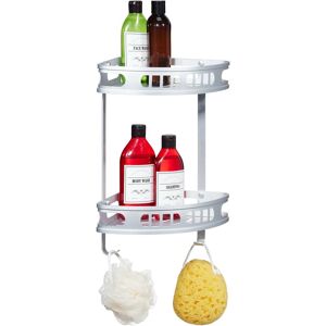 Relaxdays - Bathroom Corner Shelf, Shower Caddy, 2 Levels, 2 Hooks, Wall Mounted, hwd: 39 x 30 x 23 cm, Aluminium, Silver