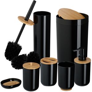 Relaxdays - Bathroom Accessories Set, 7-Piece, Plastic & Bamboo, Toilet Brush & Bin, Soap Dispenser, Holder, Black