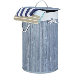 Relaxdays - 2x Bamboo Laundry Baskets, Foldable Hamper with Lid, 70L, Cotton Bag and Side Handles, HxØ: 65 x 41 cm, Grey