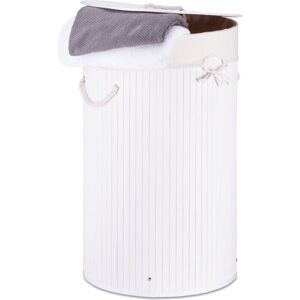 Relaxdays - 2x Bamboo Laundry Baskets, Foldable Hamper with Lid, 70L, Cotton Bag and Side Handles, HxØ: 65 x 41 cm, White