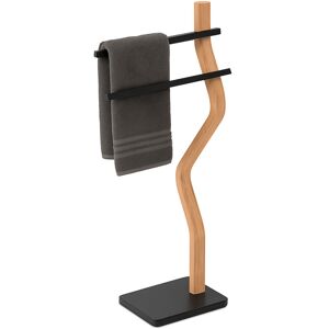 Relaxdays towel rack, HxWxD: 86 x 37 x 18 cm, metal, wood, 2 bars, standing towel rack, bathroom, black/natural