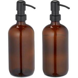 Relaxdays - Glass Soap Dispenser, Set of 2, Stainless Steel Pump Head, Refillable, Bathroom, Kitchen, 500 ml, Brown