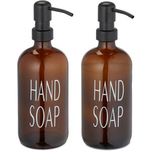 Relaxdays - Glass Soap Dispenser, Set of 2, Stainless Steel Pump Head, Refillable, Bathroom, Kitchen, 500 ml, Brown