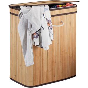 Relaxdays - 2x Bamboo Laundry Baskets, Rectangular Hamper, 2 Compartments, with Lid, foldable, 95l, 63x55x35 cm, Natural