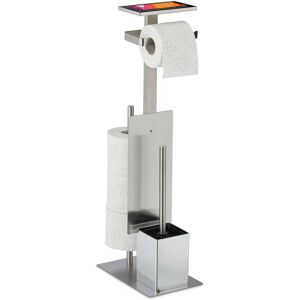 Relaxdays WC Set, Toilet Paper Holder, Bathroom Brush and Holder, Phone or Book Storage Tray, HxWxD: 69x25x18 cm, Silver