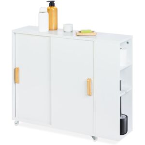 Relaxdays - Slim Rolling Cart, Toilet Brush Holder, 62x19,5x64 cm, Bathroom Storage Trolley, mdf, Bamboo, White/Natural