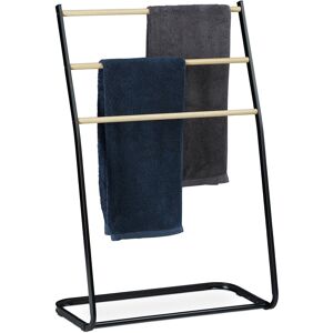 Standing Towel Holder, Metal, 3 Rails with Wooden Look, Clothes Valet, HxWxD 86x58x30 cm, Black - Relaxdays
