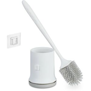 Relaxdays Toilet Brush with Wall Holder, Quick-Drying, WC Cleaner, Bathroom Container, No Drilling, Plastic, White/Grey