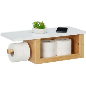 Relaxdays Toilet Paper Holder with Shelf, Bamboo, Open Compartment, HxWxD: 17x50x18 cm, Wall-Mounted, Natural/White