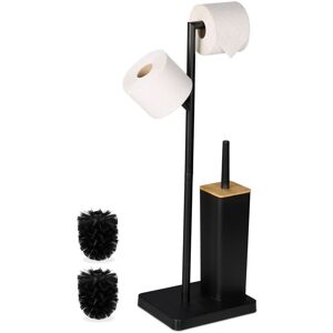 Relaxdays - Toilet Roll Holder and Brush Set, 71x23x18 cm, Freestanding, Bathroom Accessories, Spare Paper, Black/Natural