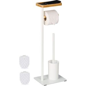 Relaxdays - Toilet Roll Holder and Brush Set, Bamboo & Iron, hwd: 65x23x18 cm, Free-Standing, with Shelf, Black/Natural