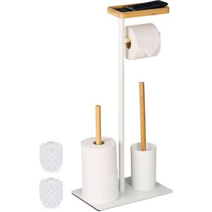 Relaxdays - Toilet Roll Holder and Brush Set, Bamboo & Iron, hwd: 65x30x20 cm, Free-Standing, with Shelf, Black/Natural