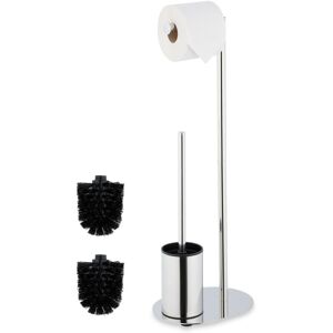 Relaxdays - Toilet Roll Holder and Brush Set, Metal, HxWxD 63 x 23 x 17 cm, Freestanding Bathroom Paper Stand, Silver