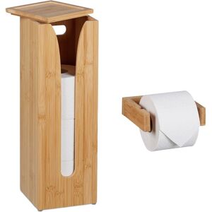 Relaxdays - Toilet Paper Holder Set, Bamboo, 4 Spare Rolls, for wc, Wall-Mounted Rod & Standing Storage Shelf, Natural
