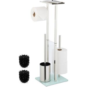 Relaxdays Toilet Roll Holder and Brush Set, Freestanding, Stand with Shelf, HWD: 66x24x18 cm, Stainless Steel, Silver