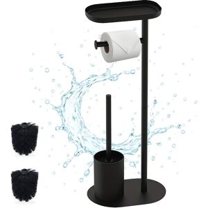 Relaxdays toilet set, HWD: 67 x 23 x 17 cm, freestanding toilet paper holder, toilet brush, shelf, 2 heads, black